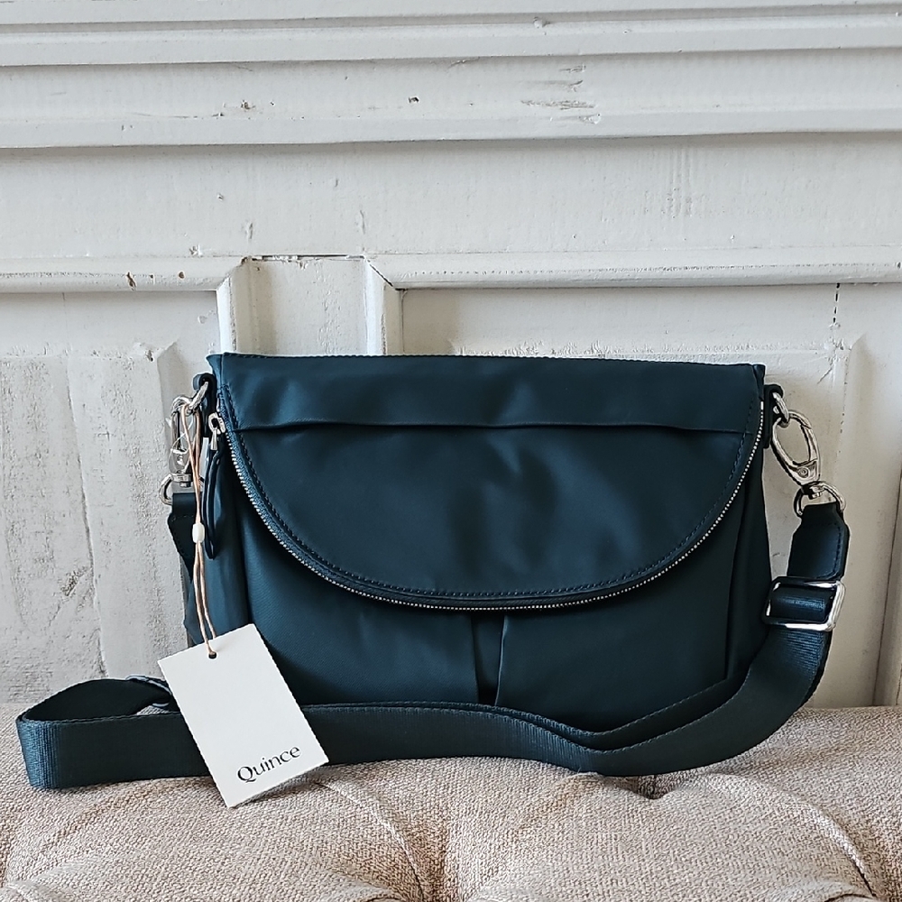 Quince Teal Revive nylon fold over Crossbody Bag Sleek Minimalist Design- new